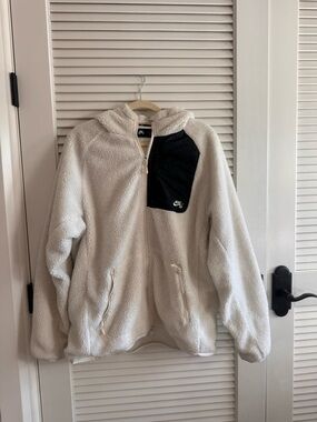 Nike White Sherpa Zip Hoodie with Black Chest Pocket